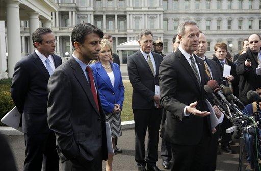 Maryland Governor Martin O'Malley, right, accompanied by fellow governors, speaks with members of the media outside the White House in Washington, Monday, Feb. 25, 2013, following a meeting between National Governors Association (NGA) and President Barack Obama. From left are, Puerto Rico Gov. Alejandro Garc&#237;a Padilla, Louisiana Gov. Bobby Jindal, NGA Vice Chair, Oklahoma Gov. Mary Fallin, Vermont Gov. Peter Shumlin, O'Malley, and National Governors Association (NGA) Chairman, Delaware Gov. Jack Markell. (AP Photo/Pablo Martinez Monsivais)
 