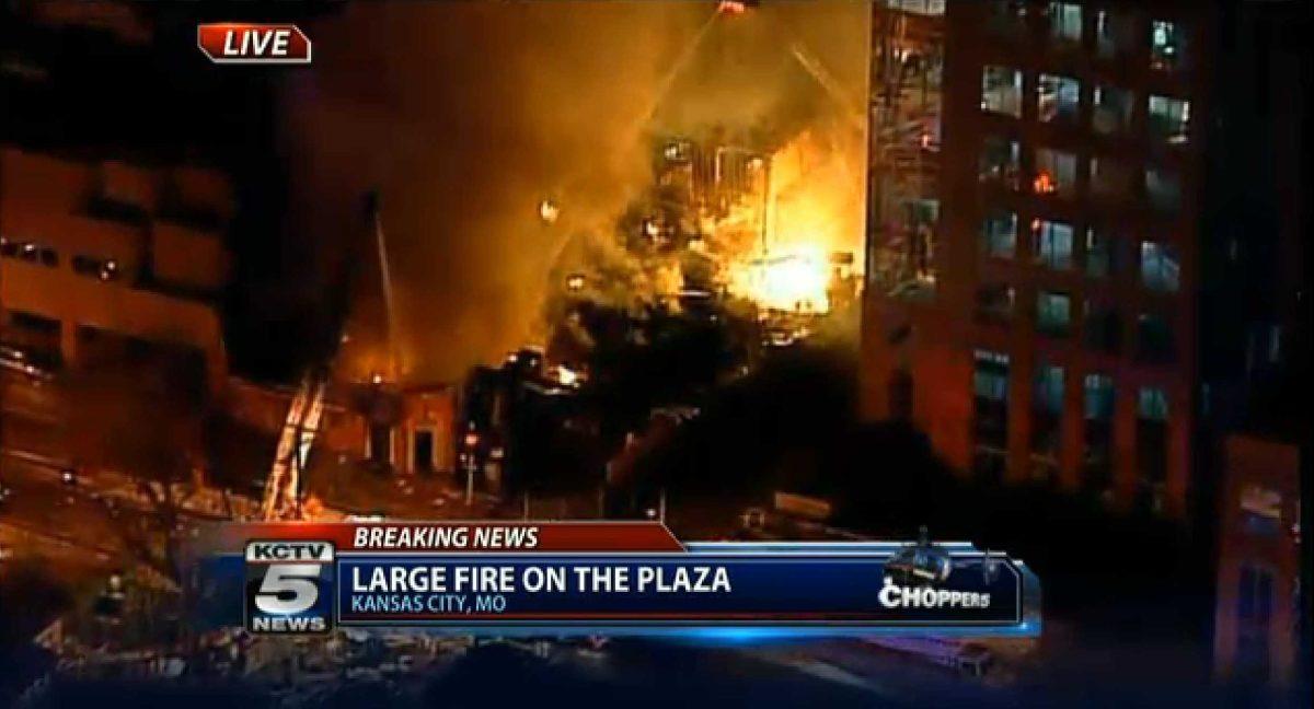 In this image taken from video from KCTV, firefighters battle a massive fire at Country Club Plaza in Kansas City, Mo. Tuesday, Feb. 19, 2013. (AP Photo/KCTV) MANDATORY CREDIT: KCTV