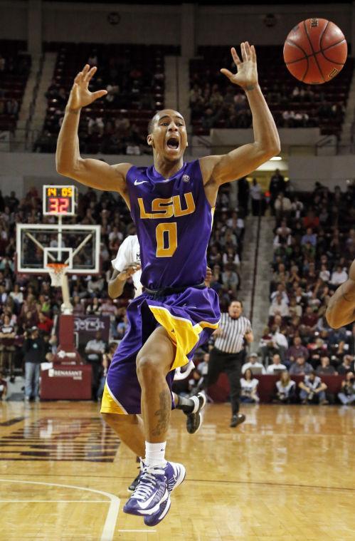 LSU guard Charles Carmouche reacts to being fouled in the second half of an NCAA college basketball game against Mississippi State in Starkville, Miss., Saturday, Feb. 2, 2013. LSU won 69-68. (AP Photo/Rogelio V. Solis)
 