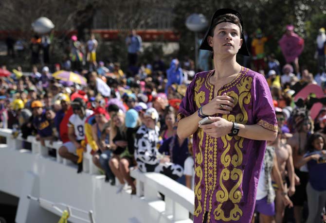 LSU alumnus Myles Laroux gives directions to the camera man on Feb. 15, 2013 during the Harlem Shake in front of the PMAC.
 