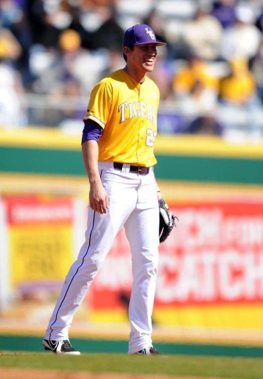 LSU junior second baseman JaCoby Jones (23) smiles after a good play on Sunday, Feb. 17, 2013 during the 14-3 victory game against Maryland at Alex Box Stadium.
 