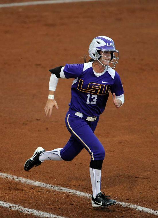 LSU senior Katie Guillory runs to first base Friday, Feb. 8, 2013 during the tiger's first game of the season against North Carolina at Tiger Park.
 