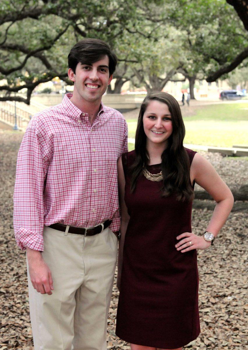 Finance junior John Woodard (left) and Psychology and Communication Studies junior Taylot Parks (right) stand Monday, Feb. 18, 2013, in Live Oak Alley. They are both candidates for Student Government, and are running on a presidential ticket.