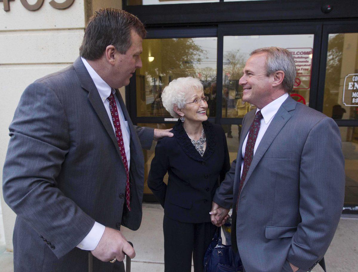 John W. Raley speaks with Patricia Morton the mother of Michael Morton, right, before entering the court on the first day of the inquiry into former Williamson County D.A. Ken Anderson in Austin, Texas, on Monday, Feb. 4, 2013. Michael Morton was released in 2011 after DNA testing showed he didn't kill his wife. A court of inquiry is examining if Judge Ken Anderson acted improperly in 1987 when he was a district attorney prosecuting Morton. Anderson is accused of hiding evidence. He denies any wrongdoing. (AP Photo/Statesman.com, Ricardo B. Brazziell) MAGS OUT; NO SALES; INTERNET AND TV MUST CREDIT PHOTOGRAPHER AND STATESMAN.COM