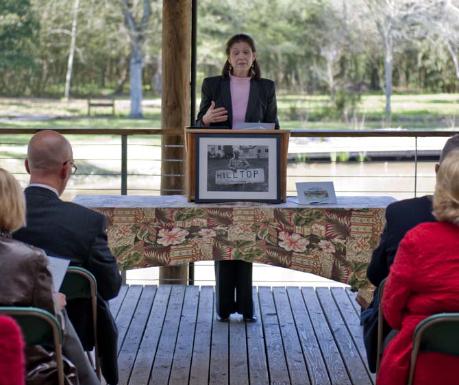 LSU Hilltop Arboretum Director Peggy Davis Coates speaks to donors, project coordinators, and others before the groundbreaking ceremony Tuesday, Feb. 26, 2013. The ceremony marks the beginning of an expansion project that will include a new educational facility and an outdoor courtyard.
 