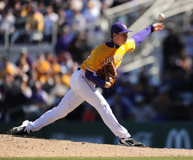 LSU senior left-handed pitcher Brent Bonvillain (49) pitches Sunday, Feb. 17, 2013 during the 14-3 victory game against Maryland at Alex Box Stadium.
 