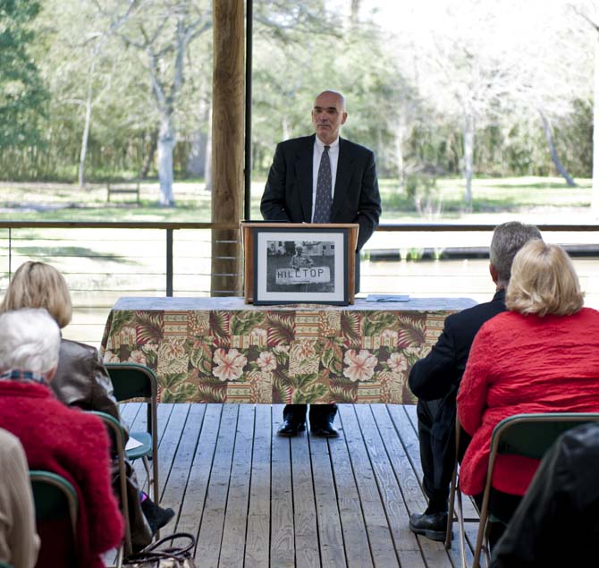 LSU Hilltop Arboretum Board of Governors President John Murrill speaks to donors, project coordinators, and others before the groundbreaking ceremony Tuesday, Feb. 26, 2013. The ceremony marks the beginning of an expansion project that will include a new educational facility and an outdoor courtyard.
 