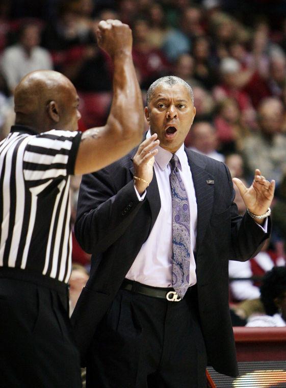 LSU head coach Johnny Jones reacts to a referee during the first half of their NCAA college basketball game against Alabama, Saturday, Feb. 9, 2013, in Tuscaloosa, Ala. (AP Photo/The Tuscaloosa News, Michelle Lepianka Carter)
 