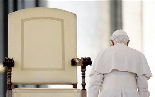 FILE - This June 16, 2010 file photo shows Pope Benedict XVI leaving at the end of his weekly general audience in St. Peter's Square, at the Vatican. On Monday, Feb. 11, 2013 the Vatican announced that Pope Benedict XVI will resign on Feb. 28, 2013. (AP Photo/Gregorio Borgia, file)
 