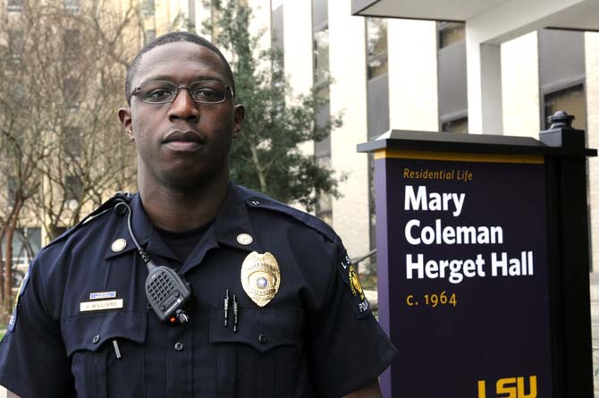 LSU police officer JaKouri Williams poses Jan. 24, 2013 in front of Mary Coleman Herget Hall.
 