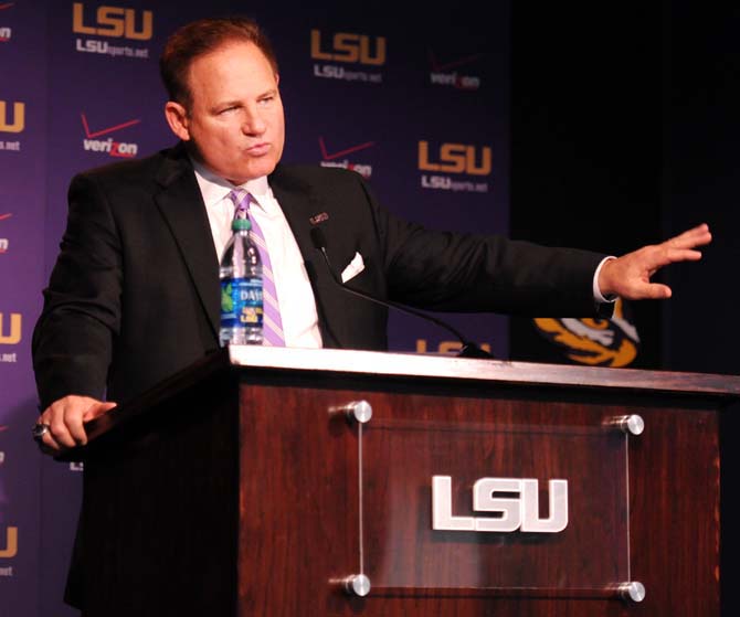 LSU football head coach Les Miles talks about the 2013 recruiting class on Feb. 6, 2013, at a press conference in the Athletic Administration Building.
 