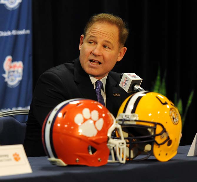 LSU head coach Les Miles speaks Dec. 30, 2012 during a Chick-fil-A Bowl news conference in Atlanta, Ga.