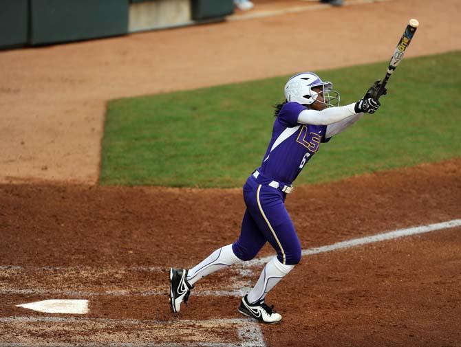 LSU sophomore A.J. Andrews swings at a pitch on Friday, Feb. 8, 2013 during the tiger's first game of the season against North Carolina at Tiger Park.
 