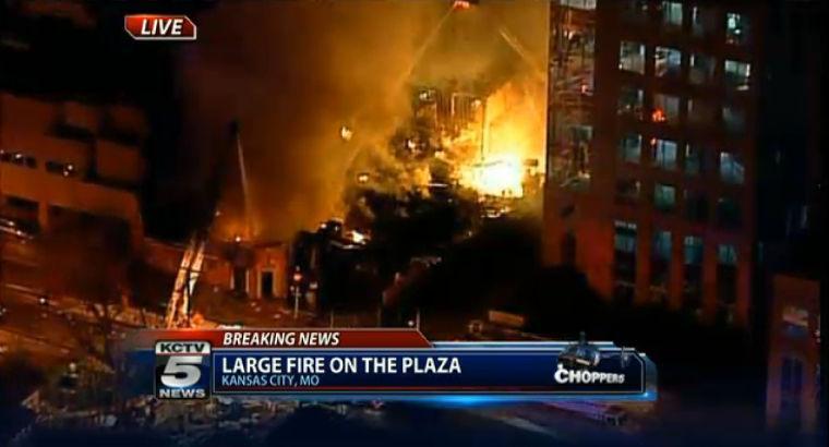 In this image taken from video from KCTV, firefighters battle a massive fire at Country Club Plaza in Kansas City, Mo. Tuesday, Feb. 19, 2013. (AP Photo/KCTV) MANDATORY CREDIT: KCTV
 