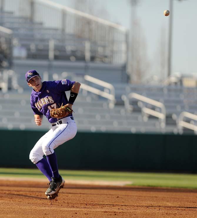 LSU sophomore Jared Foster prepares to catch the ball during practice on Friday, Feb. 1, 2013 at Alex Box Stadium.
 