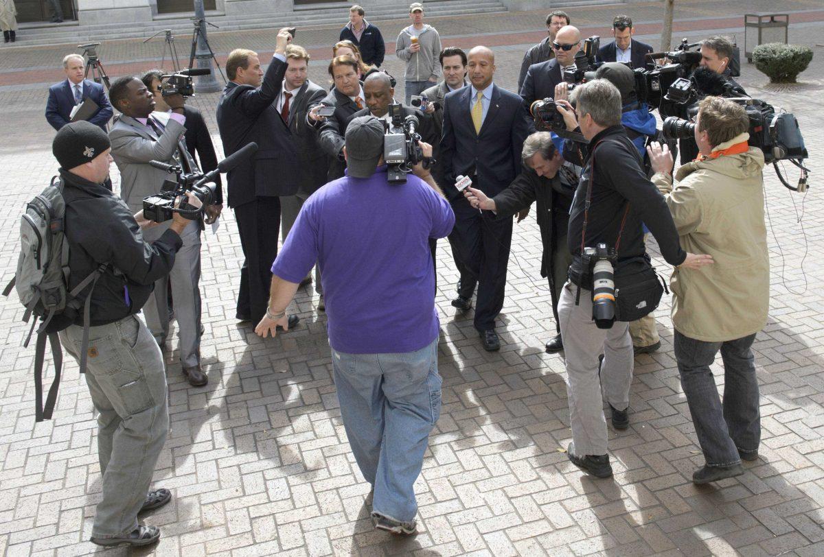 Former New Orleans Mayor C. Ray Nagin arrives at the Hale Boggs Federal Building and United States District Courthouse to appear in federal court for an arraignment on public corruption charges in New Orleans, Wednesday, Feb. 20, 2013. (AP Photo/Matthew Hinton)