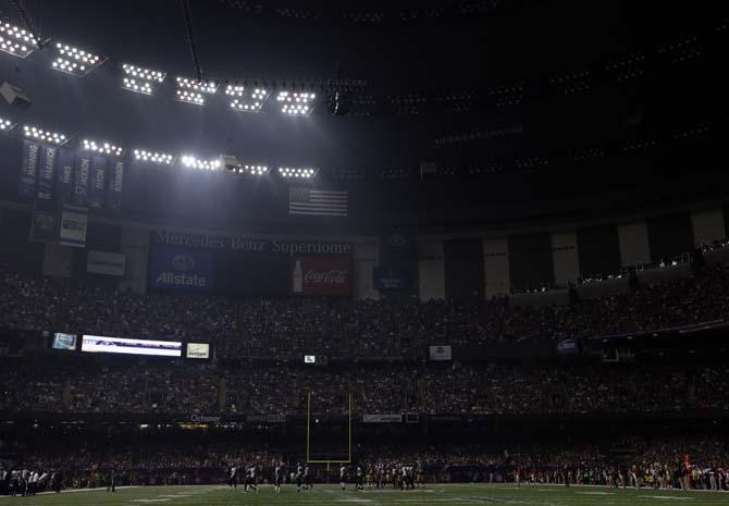 The Superdome is seen after the lights went out during the second half of NFL Super Bowl XLVII football game Beyonce performs during the halftime show of Sunday, Feb. 3, 2013, in New Orleans. (AP Photo/Marcio Sanchez)
 