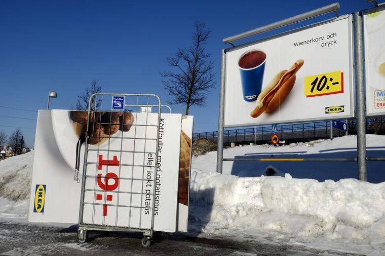 Advertising billboards for Ikea meat balls are taken down from a parking at the Ikea store in Stockholm, Sweden, Monday, Feb. 25, 2012. Swedish furniture giant Ikea was drawn into Europe's widening food labeling scandal Monday as authorities in the Czech Republic said they had detected horse meat in frozen meatballs labeled as beef and pork and sold in 13 countries across the continent. (AP Photo/Jessica Gow) SWEDEN OUT
 