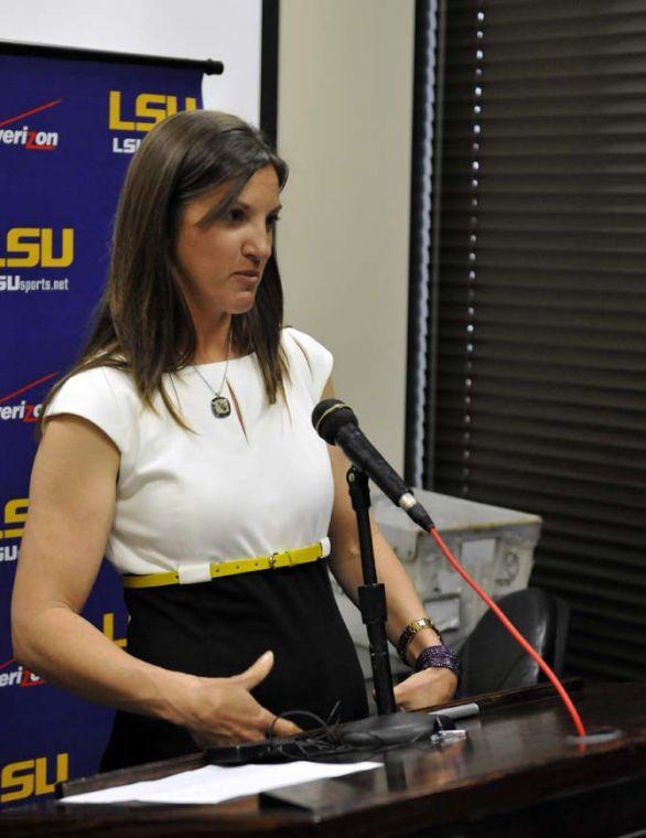 Softball coach Beth Torina answers a question Monday, Feb. 4, 2013, during LSU's softball media day.
 