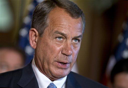 House Speaker John Boehner of Ohio, accompanied by fellow members of the House GOP leadership, responds to President Barack Obama's remarks to the nation's governors earlier today about how to fend off the impending automatic budget cuts, Monday, Feb. 25, 2013, on Capitol Hill in Washington. (AP Photo/J. Scott Applewhite)
 