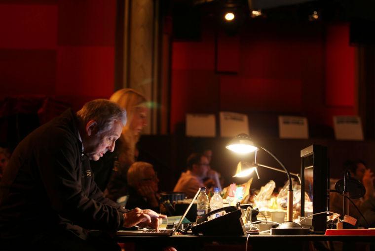 Hawk Koch, president of The Academy of Motion Picture Arts and Sciences, is seen working during rehearsals for the 85th Academy Awards in Los Angeles, Thursday, Feb. 21, 2013. The Academy Awards will be held Sunday, Feb. 24, 2013. (Photo by Matt Sayles/Invision/AP)
 