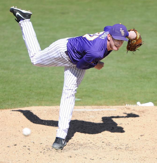 LSU starting junior right hand pitcher Ryan Eades pitches Saturday, Feb. 16, 2013 during the 5-1 victory in the opening series against Maryland at Alex Box Stadium.
 