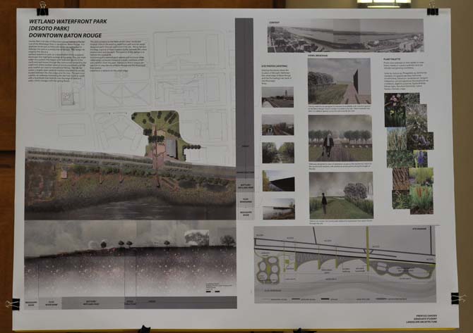 A poster, made by landscape architecture grad student Prentiss Darden, outlines a redesign of Desoto Park at the Mississippi River in downtown Baton Rouge Friday, Feb. 15, 2013. This poster, among others, was located in the Rotunda Lobby in the Energy Coast and Environment building on campus.
 