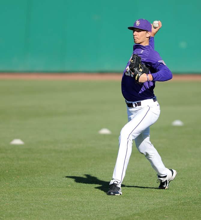 LSU junior Kurt McCune practices pitching Friday, Feb. 1, 2013 at Alex Box Stadium.
 