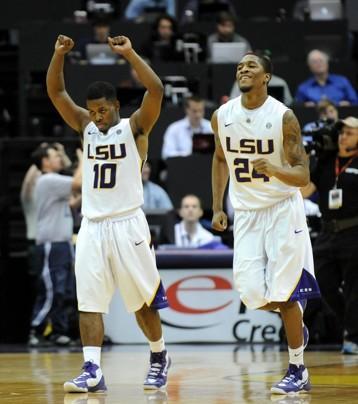  
(The Advocate, Catherine Threlkeld/ Associated Press ) - LSU guard Andre Stringer (10) and guard Malik Morgan celebrate their win over Alabama in an NCAA college basketball game Saturday, Feb. 23, 2013 in the Pete Maravich Assembly Center in Baton Rouge, La.
  