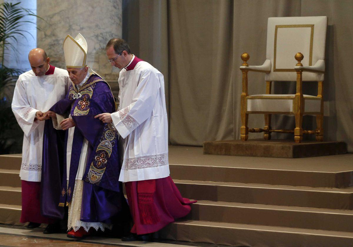 Pope Benedict XVI arrives in St. Peter's Basilica on the occasion of the celebration of Ash Wednesday mass at the Vatican, Wednesday, Feb. 13, 2013. Ash Wednesday marks the beginning of Lent, a solemn period of 40 days of prayer and self-denial leading up to Easter. Pope Benedict XVI told thousands of faithful Wednesday that he was resigning for "the good of the church", an extraordinary scene of a pope explaining himself to his flock that unfolded in his first appearance since dropping the bombshell announcement. (AP Photo/Alessandro Bianchi, Pool)