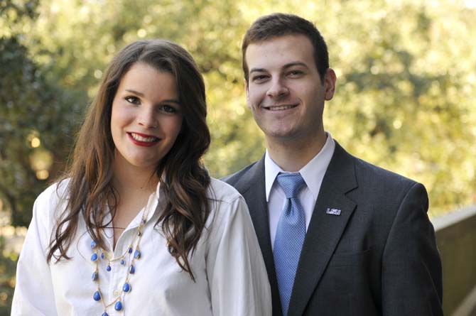 T Graham S. Howell and Kaitlin Tork&#233; pose Sunday, Feb. 17, 2013 in front of the Student Union. The pair are on the Student Government presidential ticket for the spring election.
 