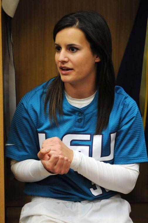 LSU junior utility player Allison Falcon speaks Monday, Feb. 4, 2013, about the LSU softball team in the Tiger Park locker rooms.
 