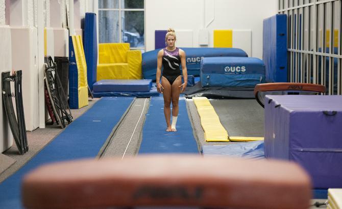 Junior all-around Sarie Morrison overcame six ankle surgeries to get a perfect 10 on vault during the home meet against Arkansas on Feb. 15. But she isn't allowed to vault on the road.
 