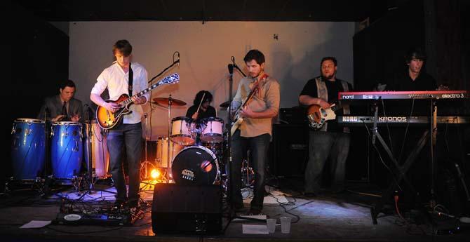 Stone Rabbits play Saturday, Feb. 2, 2013 at Shady's. Pictured from left to right: art junior Blake Sellers, electrical engineering freshman Logan Sellers, political science freshman Sam Bachrack, economics sophomore Ben Burbrink, Tim Schiro, accounting junior Kenny Rider.
 