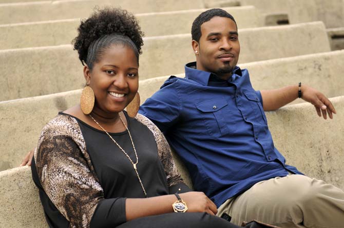 English and African-American Studies senior Jonosha Jackson and English senior Eric Conto sit Monday, Feb. 18, 2013 in the Greek Ampitheatre. They won the "Mic with Maya" contest and will be performing poetry Tuesday night in front of Maya Angelou.
 