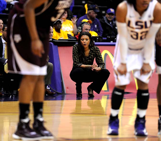 LSU women's basketball coach Nikki Caldwell reacts to a play Monday, Feb. 4, 2013. The game was a 57-74 loss against the Aggies.
 