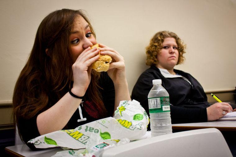 Jessica St. John eats her tuna Subway sandwich in class while distracting Jessica Sprick.
 