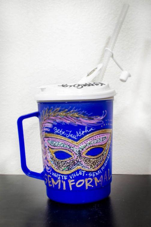 Party cup painted by Virginia Otto-Hayes for Zeta Tau Alpha Semi-Formal.
 