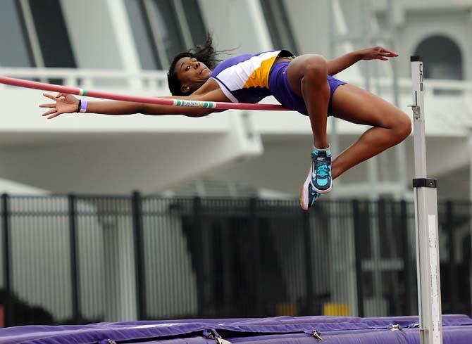 LSU junior Lynnika Pitts leaps over the bar during the high jump Saturday, March 23, 2013 during the LSU Relays in Bernie Moore Track Stadium.
 