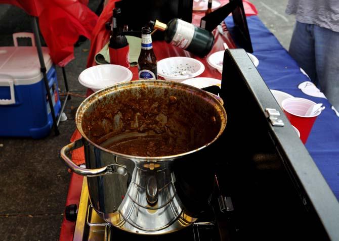 Chili simmers on a portable stove during the chili contest located at Parker Coliseum Saturday, March 9, 2013.
 