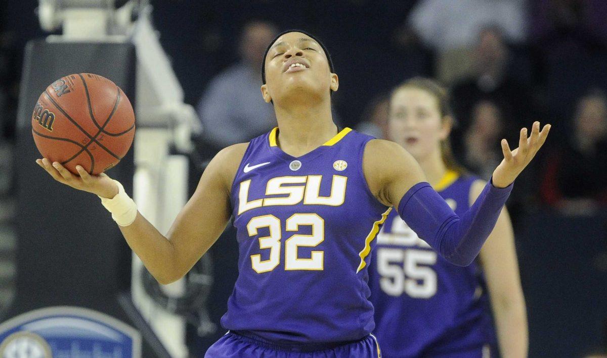 LSU guard Danielle Ballard (32) reacts after being called for a foul against Georgia during the first half of an NCAA college basketball game in the Southeastern Conference tournament on Friday, March 8, 2013, in Duluth, Ga. (AP Photo/John Amis)