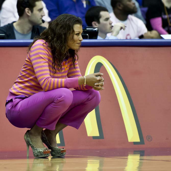 LSU women's basketball head coach Nikki Caldwell looks on as the Tigers defeat the Bulldogs 62-54 on Sunday, Feb. 10, 2013 in the PMAC.