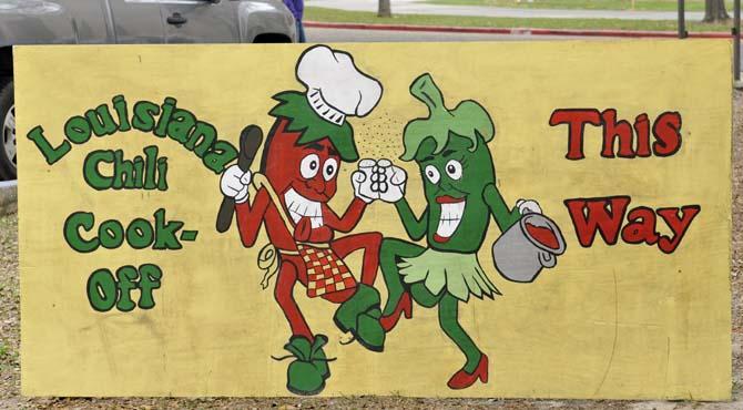 A sign notifying visitors where the chili cookoff is located stands in Parker Coliseum Saturday, March 9, 2013.
 