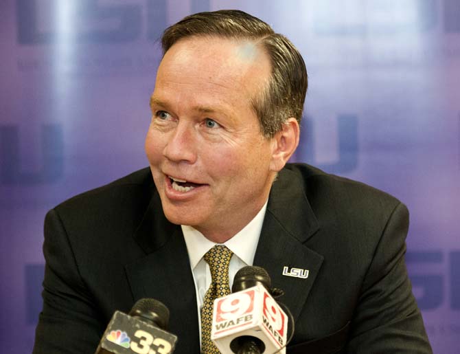 F. King Alexander, lone finalist in LSU's search for a new president, addresses questions posed by various media outlets Thursday, March 21, 2013 in the Feliciana Room of the Student Union.
 