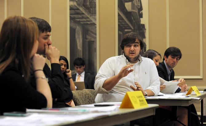 LSU political science junior Joe Gipson, Unite LSU's lawyer, questions LSU Student Governemnt Commissioner of Elections Aim&#233;e Simon Saturday, March 16, 2013 during the University Court's Unite LSU vs Elections Board case in the Vieux Carre Room in the Student Union.
 