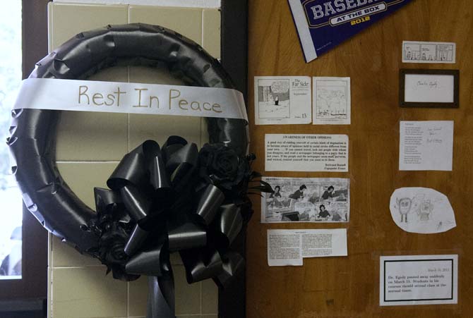 A memorial wreath hangs outside the late Dr. Egedy's office in Lockett Hall Tuesday, March 19, 2013. Dr. Egedy passed away March 15.
 