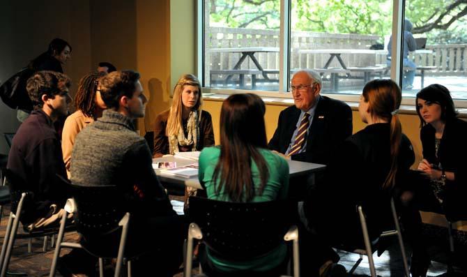 LSU Chancellor William Jenkins speaks to a small group of students in Live Oak Lounge during a session of Chats with the Chancellor, Tuesday, March 26, 2013.
 