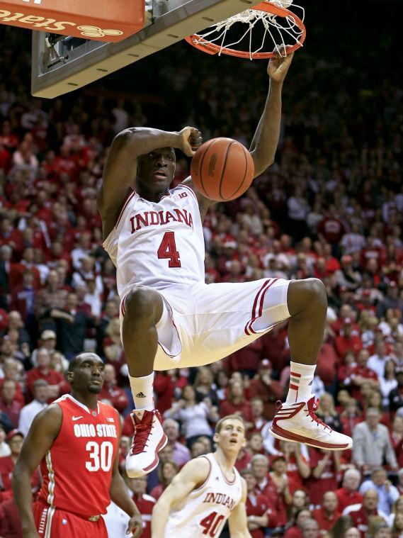 Indiana's Victor Oladipo (4) dunks during the second half of an NCAA college basketball game against Ohio State, Tuesday, March 5, 2013, in Bloomington, Ind. Ohio State won 67-58. (AP Photo/Darron Cummings)
 