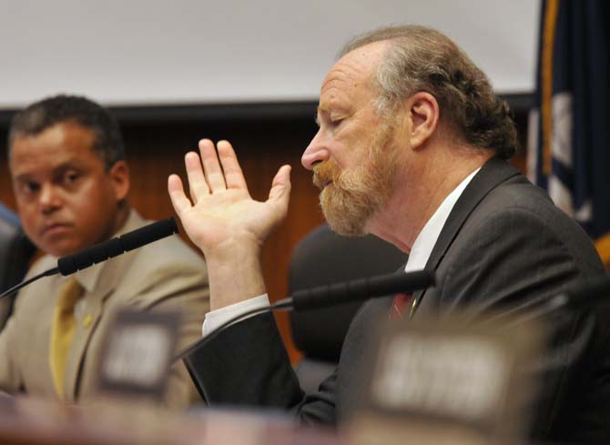 Louisiana Board of Regents member Robert W. Levy discusses a proposal March 20, 2013, at a meeting in the Claiborne building.
 