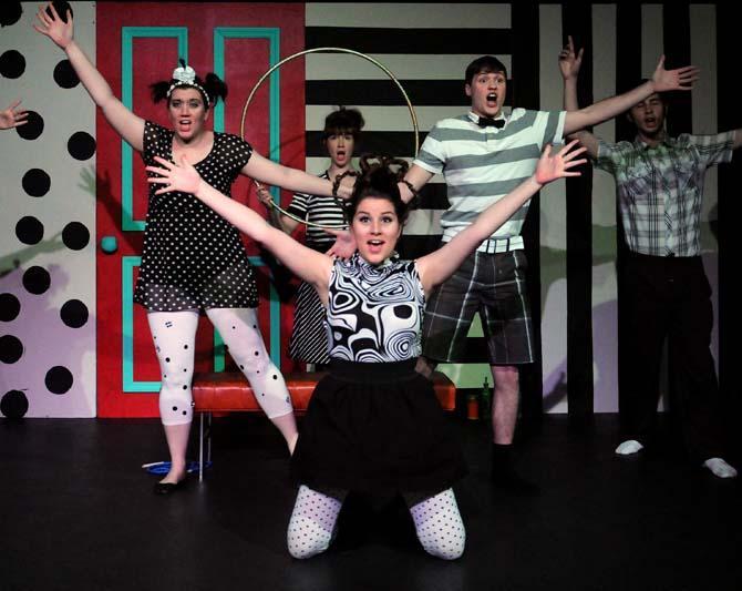 The cast of Green Eggs and Noise, a production inspired by Dr. Seuss, strike a pose during their show on Wednesday, March 20, 2013 in HopKins Black Box Theatre.
 